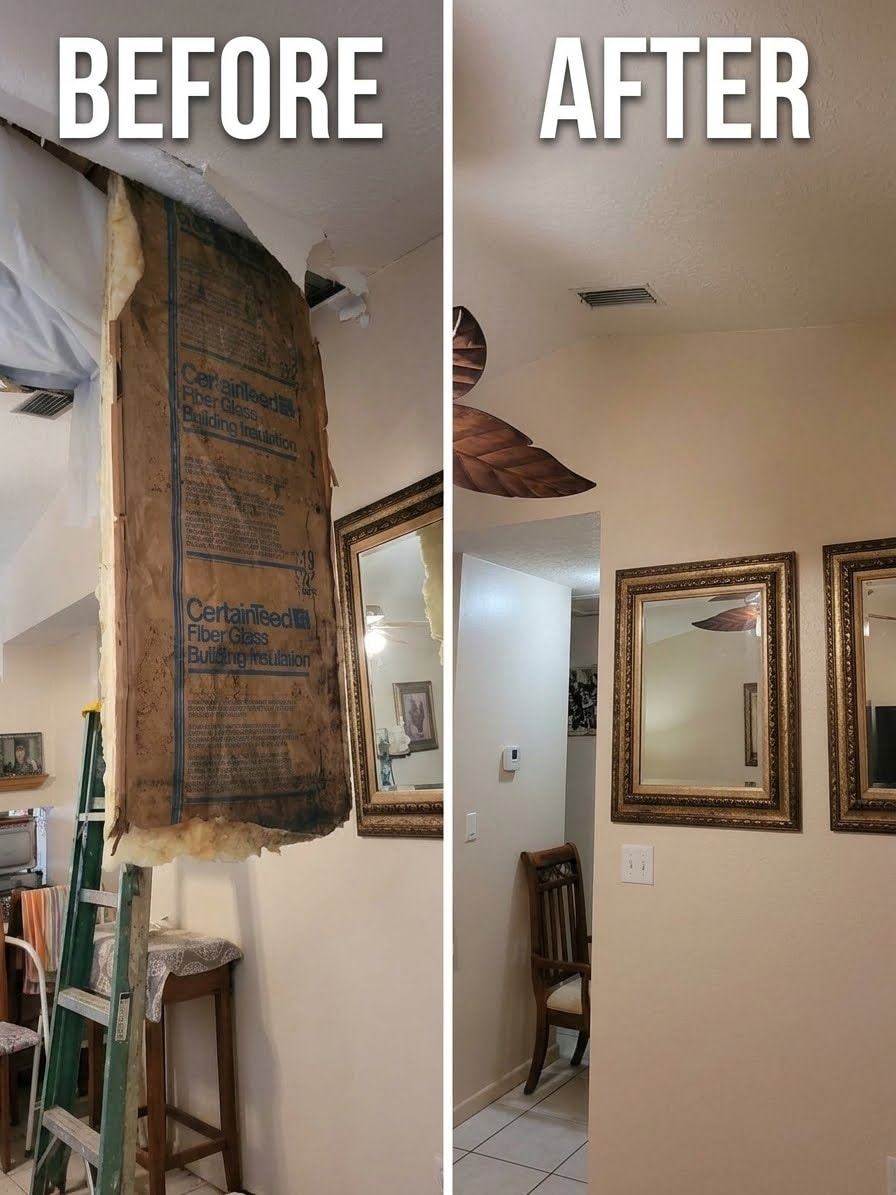 Before and after ceiling and drywall repair by Perfect Finish